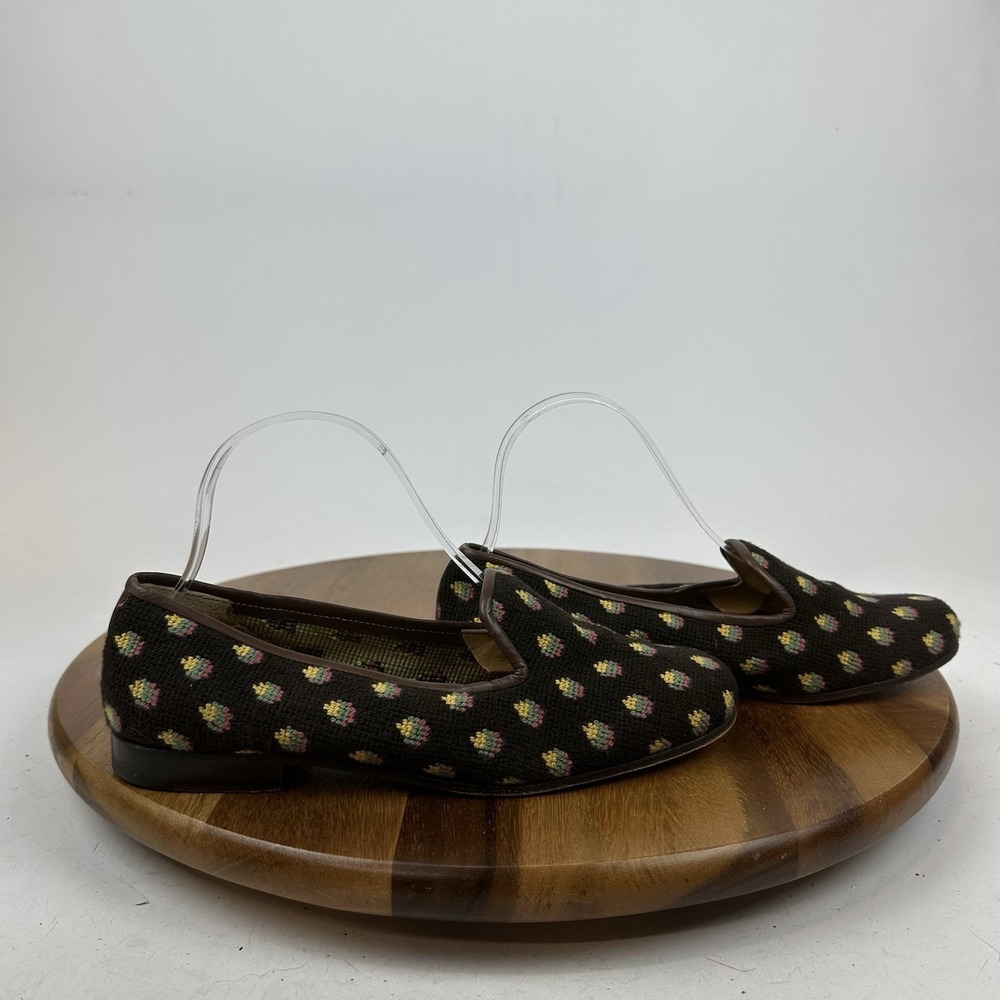 Womens Stubbs & Wootton Brown Needlepoint Casual Slip On Loafers Shoes Size 7.5